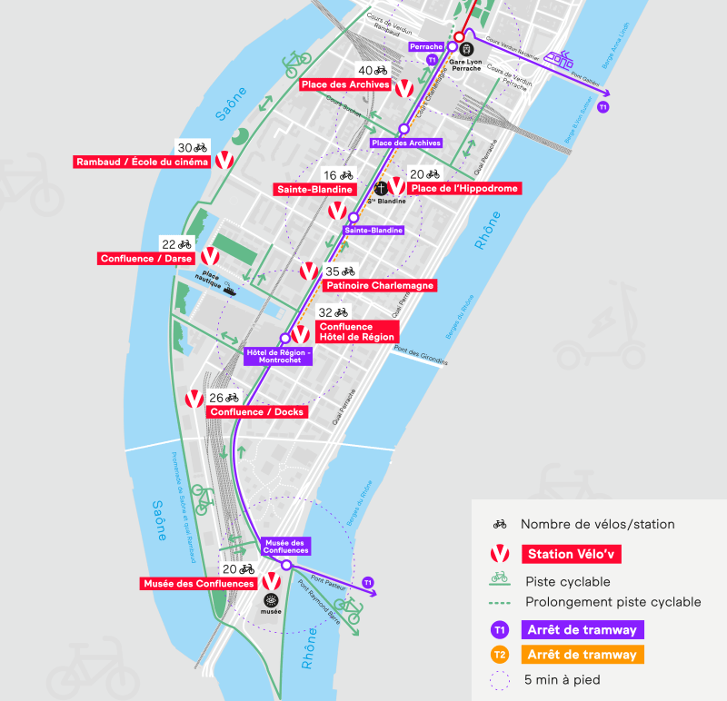 Cartographie - Les pistes cyclables et stations Vélo'v de La Confluence